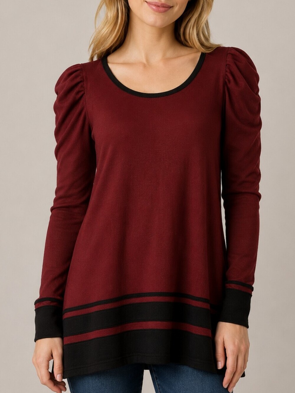 SOPHIE MAX Oxblood Ruched Long Puff Sleeve Striped Maxi Sweater